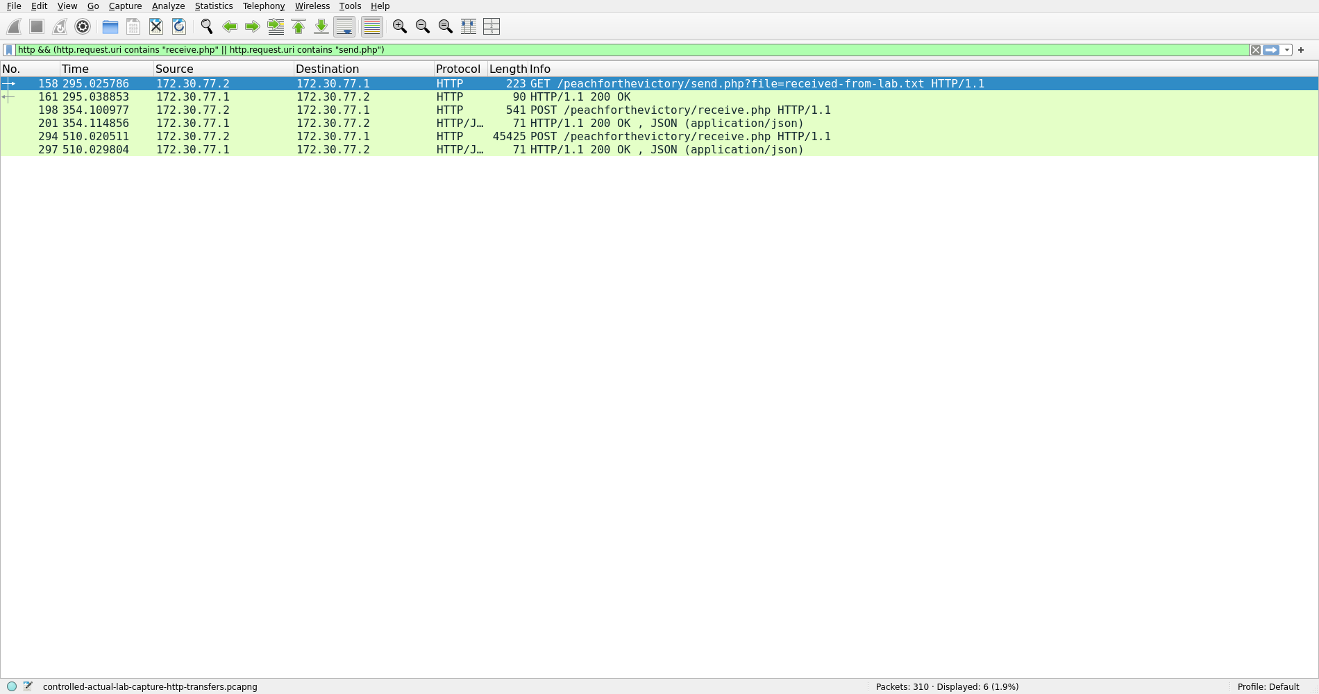 Wireshark filtering the file download and two multipart uploads